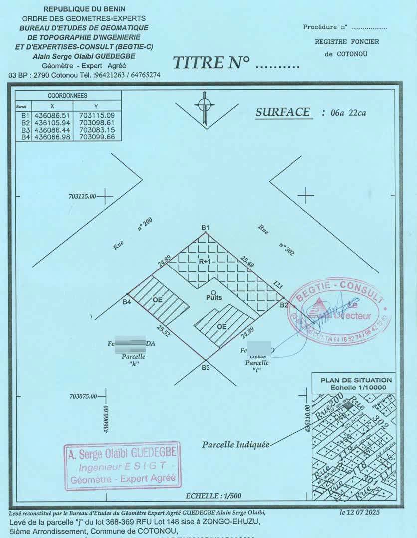 PARCELLE EN ANGLE DE RUE DÉJÀ LOTIE ET RECASÉE À VENDRE, CARREFOUR UNAFRICA – HALL DES ARTS – ZONGO EHUZU – COTONOU